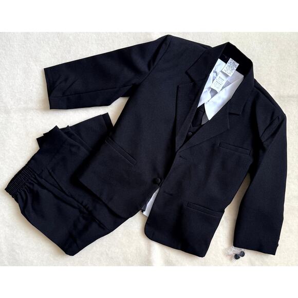 Vintage 90s Suit Set Boys Size 3T Black White Polyester Blend Formal 4-Piece - Picture 1 of 7